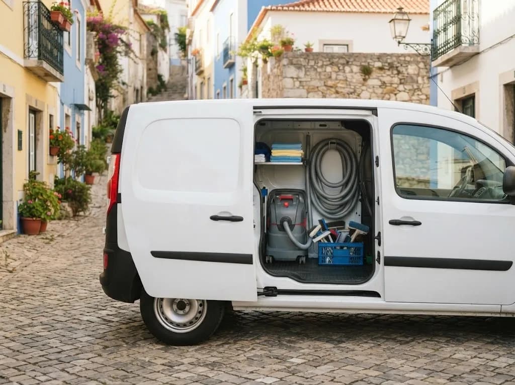 Carrinha aberta com máquina de extração, mangueiras e escovas arrumadas